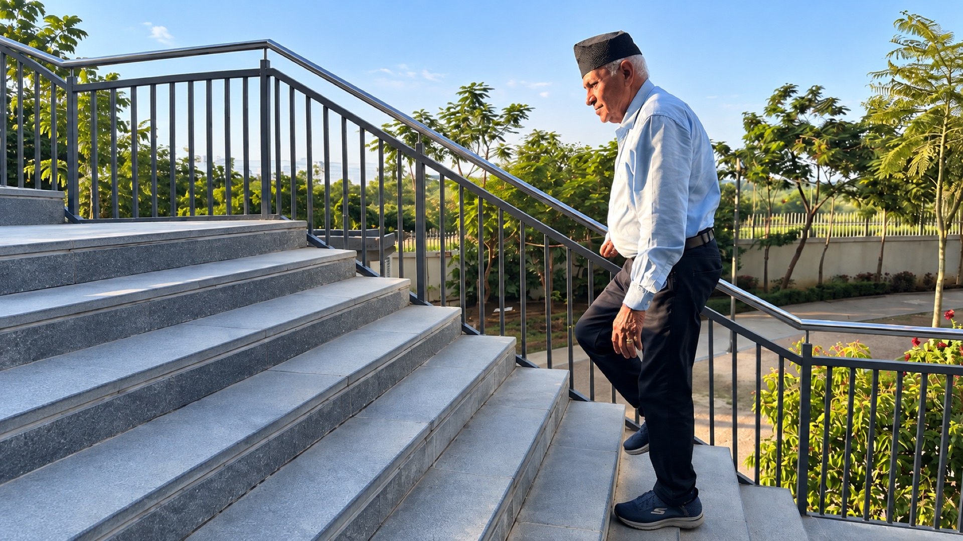 An older man walking up a flight of outdoor stairs.