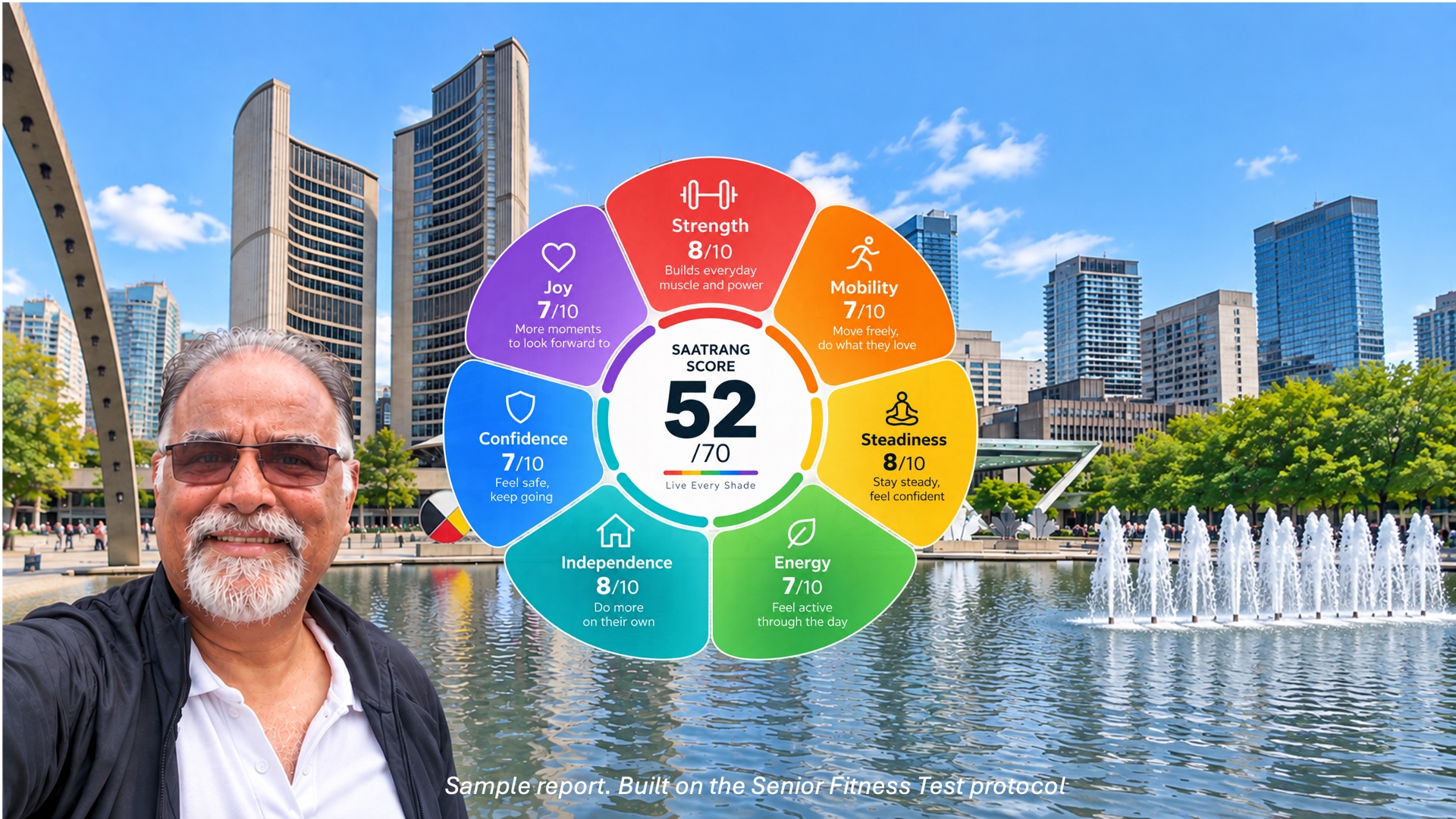 An older man outdoors, with a sample Saatrang Score wheel alongside him.